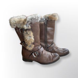 FRYE Jamie Lux Genuine Rabbit Fur Lined Brown Leather Moto Boots 9